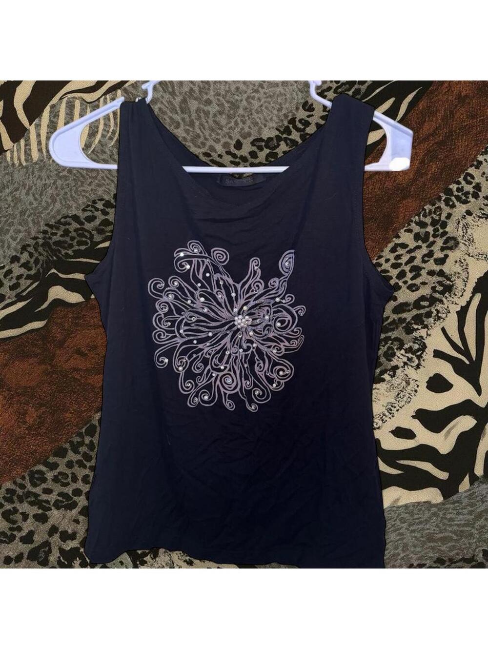 Black tank top with silver flower with rhinestones and pearls